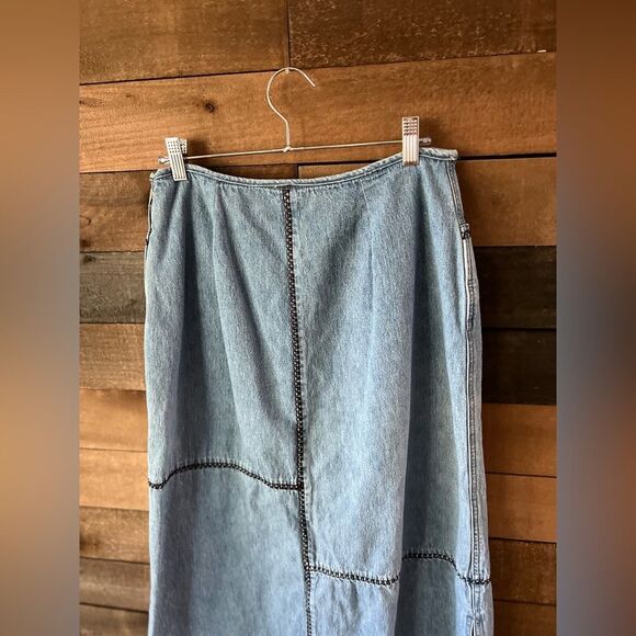 Vintage 90s Whipstitch Denim Midi Skirt Panel Stitch Detail Side Slit L - Picture 15 of 15